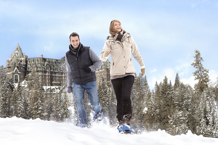Couple snowshoeing in Banff