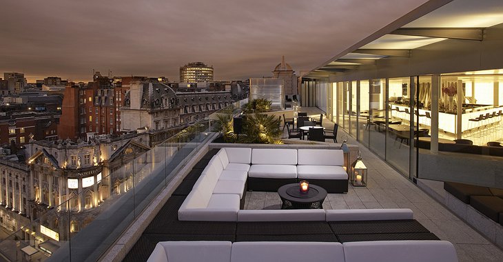 Radio Rooftop terrace at night with London panorama