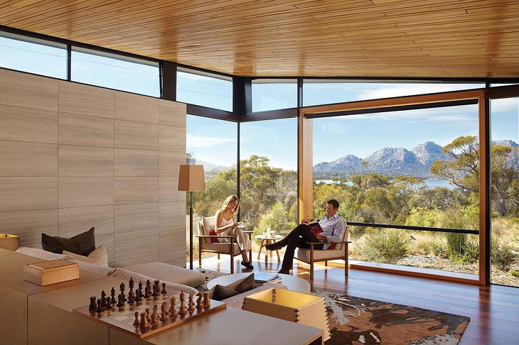 Saffire Freycinet hotel room with panoramic views and chess table