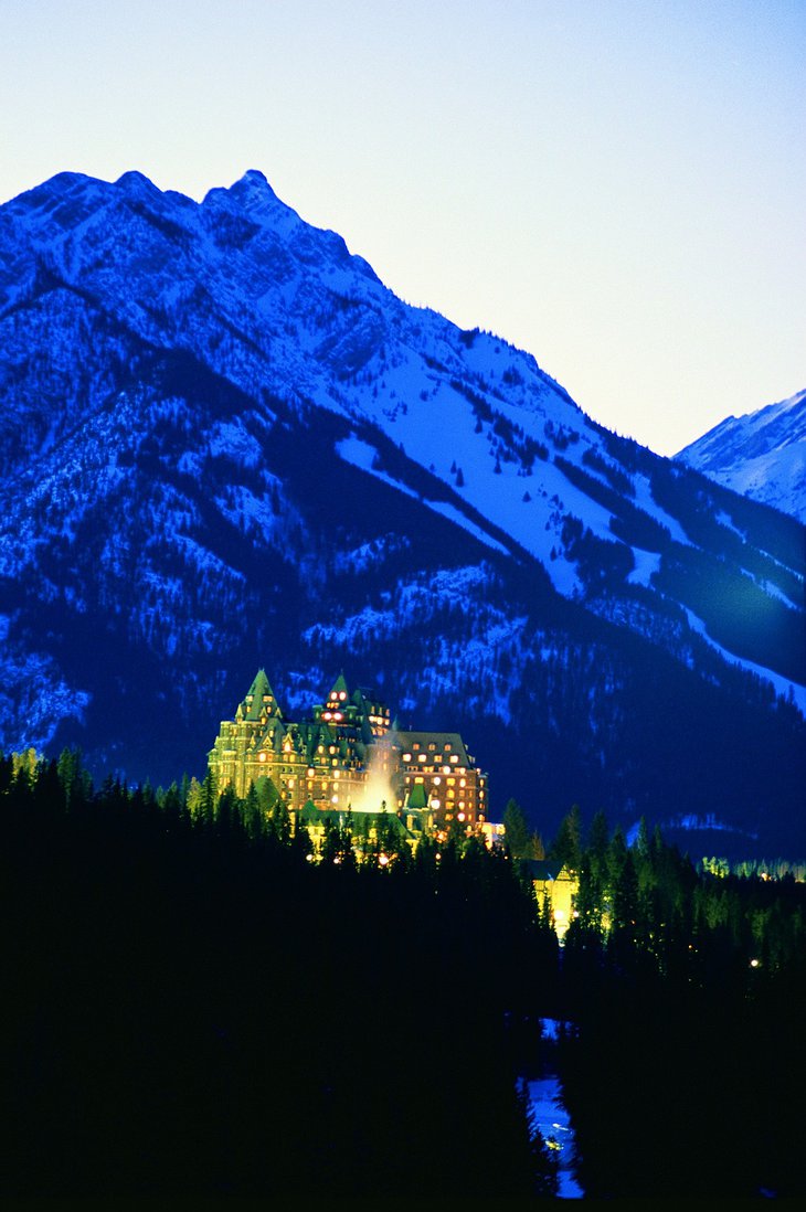 Fairmont Banff Springs Hotel at night all lit up