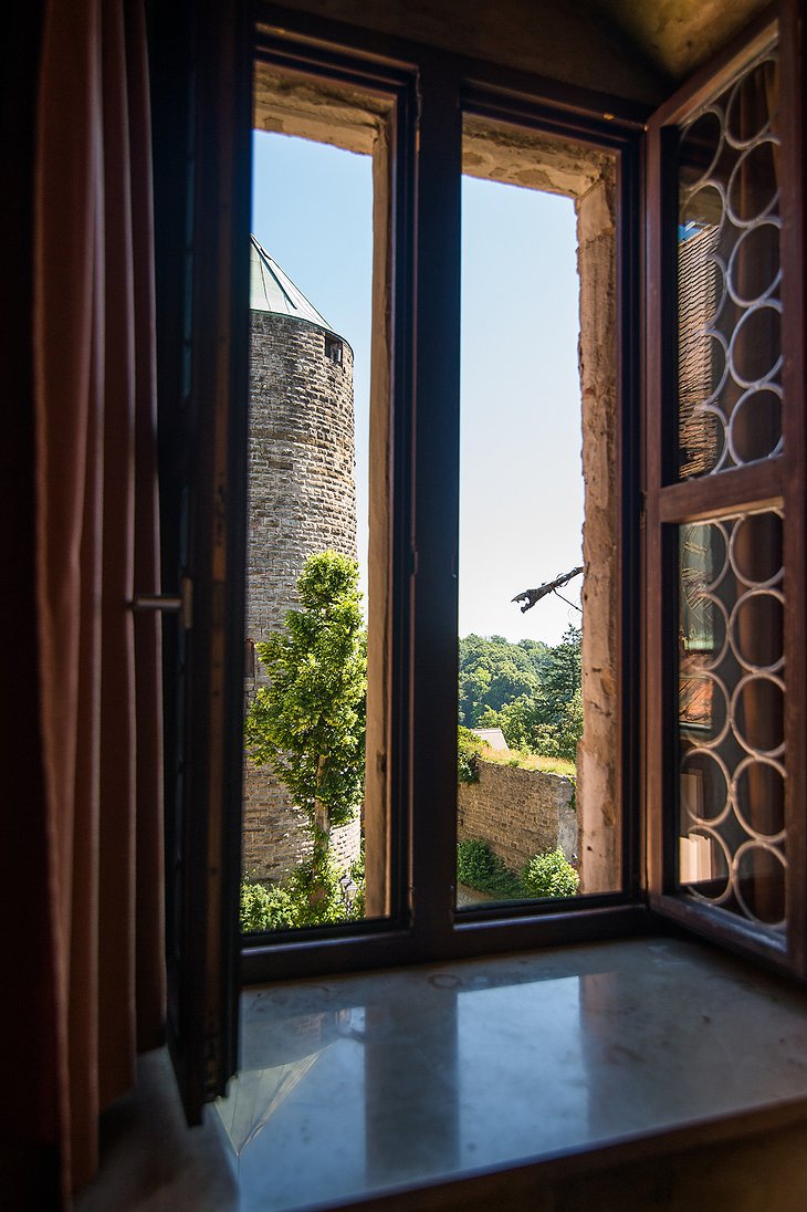 Burg Colmberg Hotel Window View on the Stone Tower