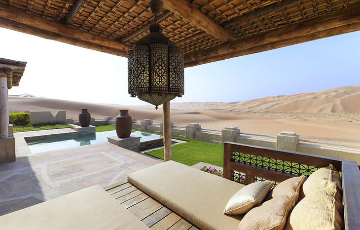 Qasr Al Sarab Desert Resort villa terrace with pool and desert panorama