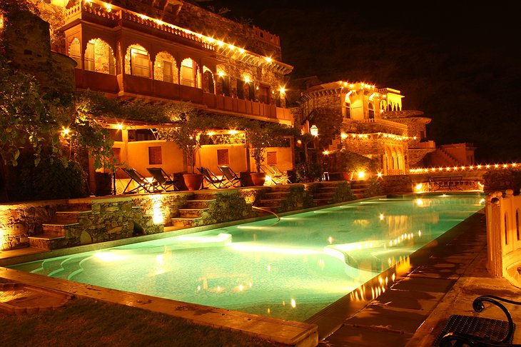 Neemrana Fort Palace swimming pool at night