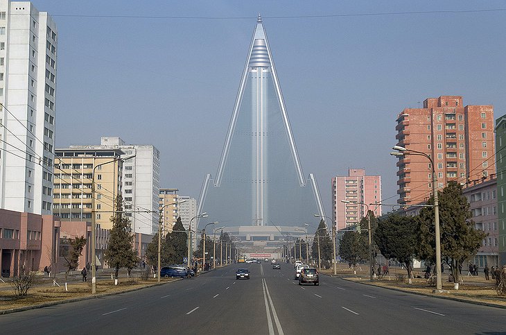 Pyongyang roads leading to Ryugyong Hotel tower
