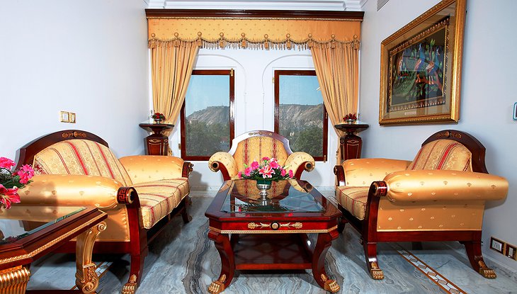 The Raj Palace seating with mountain views