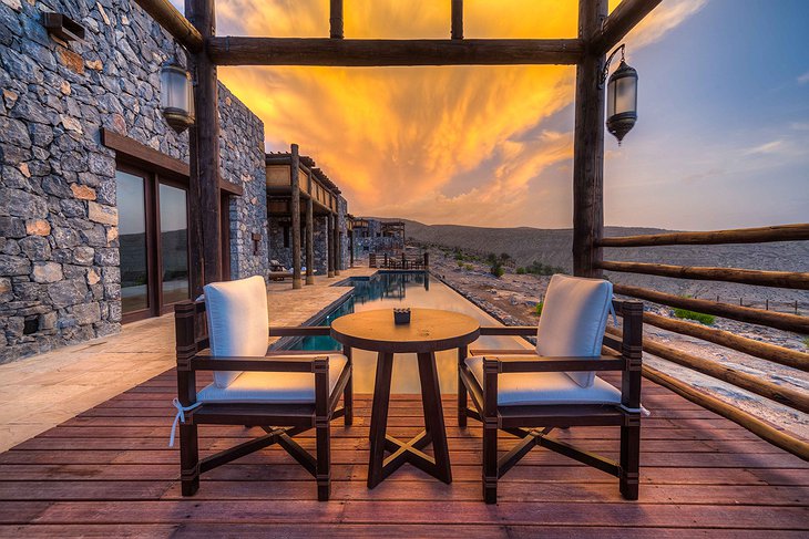Alila Jabal Akhdar terrace with pool in the evening