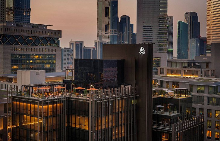 Four Seasons Dubai DIFC rooftop aerial in the evening