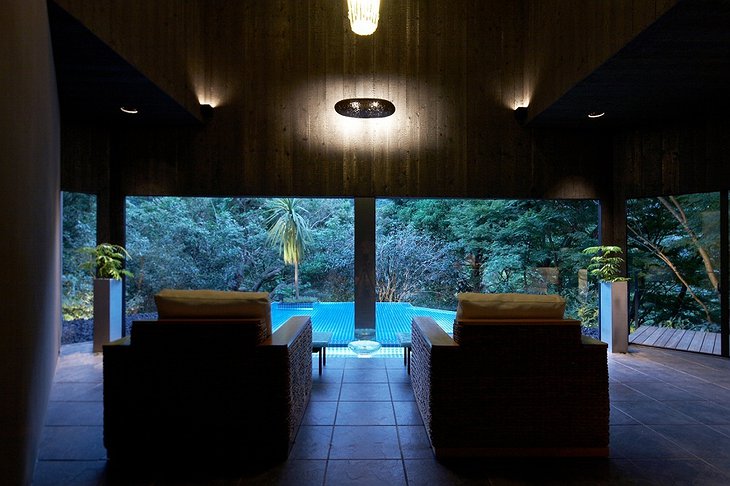 View on the swimming pool from relax seats at Hakone Ginyu
