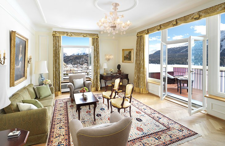 Badrutt’s Palace Hotel living room with Alps views