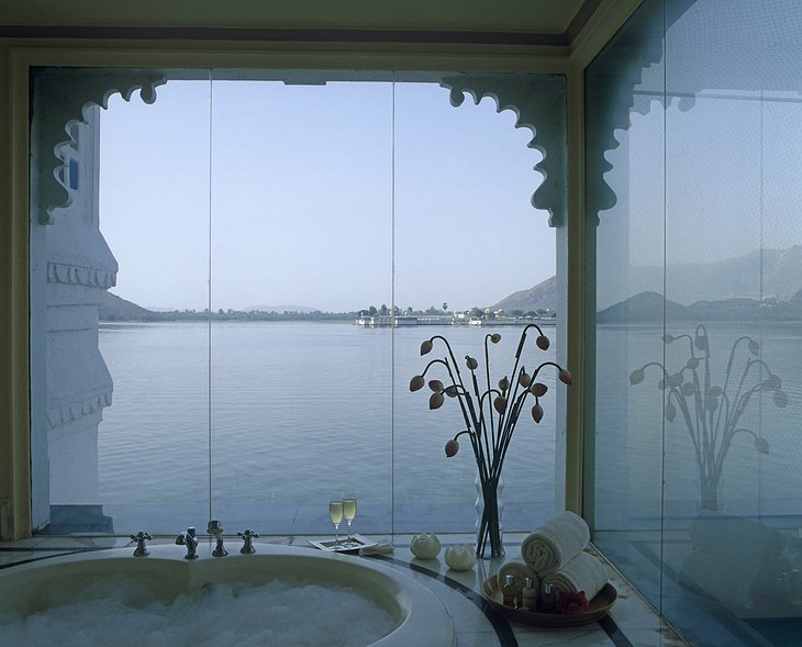Lake Palace Hotel bathroom with lake view