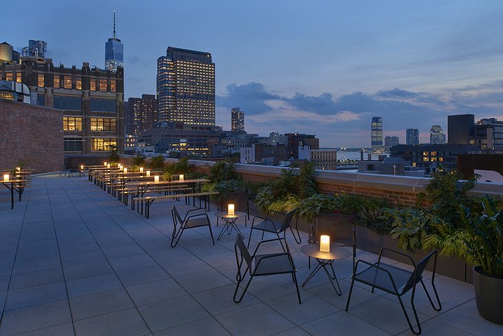 Arlo Hudson Square rooftop terrace at night