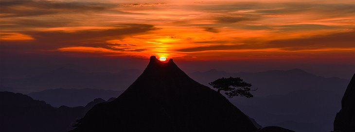 Huangshan mountain volcano shape sunset
