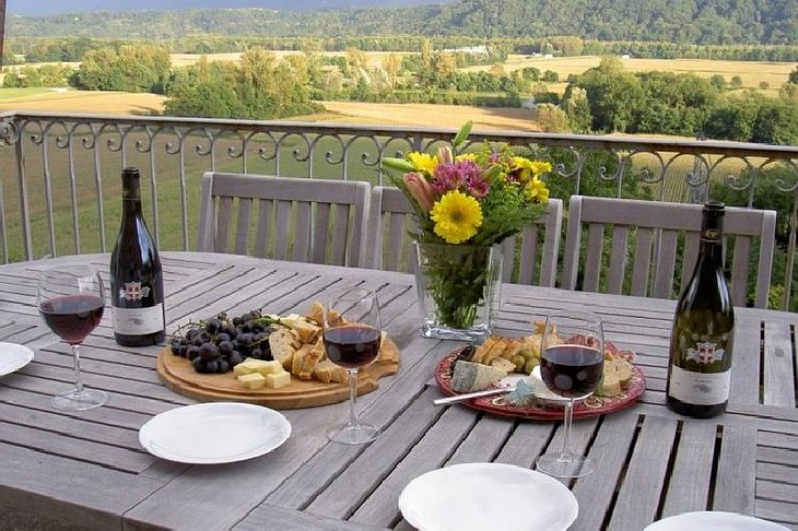 Dinner on the terrace with view on the mountain. French wine, cheese, grapes and baguettes.