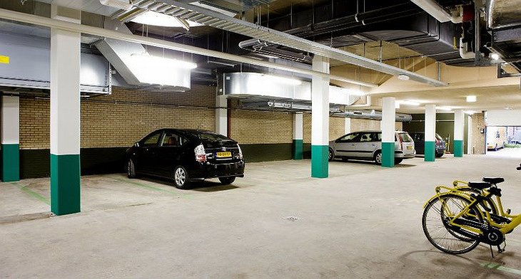 Conscious Hotel garage with electric cars