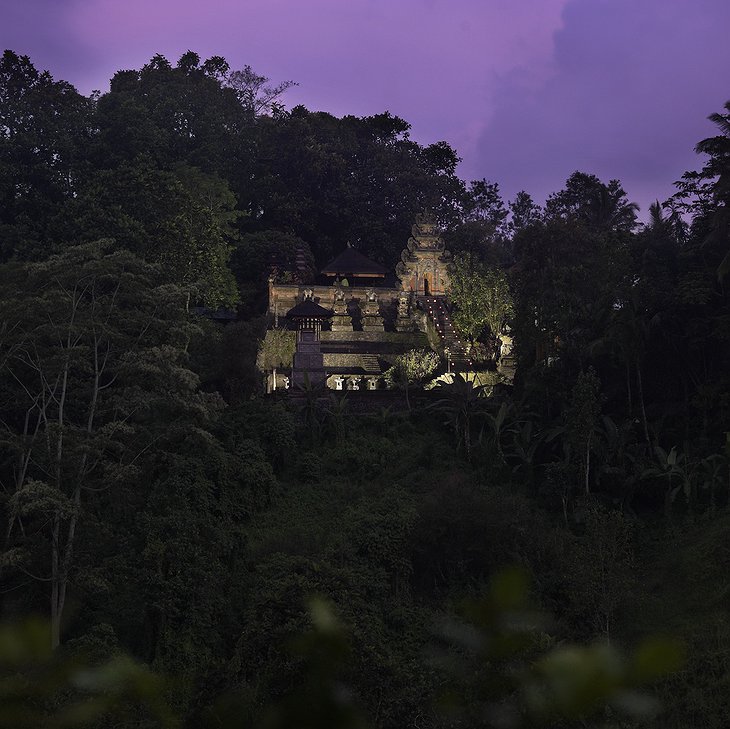On-site temple at dusk at Hanging Gardens Ubud