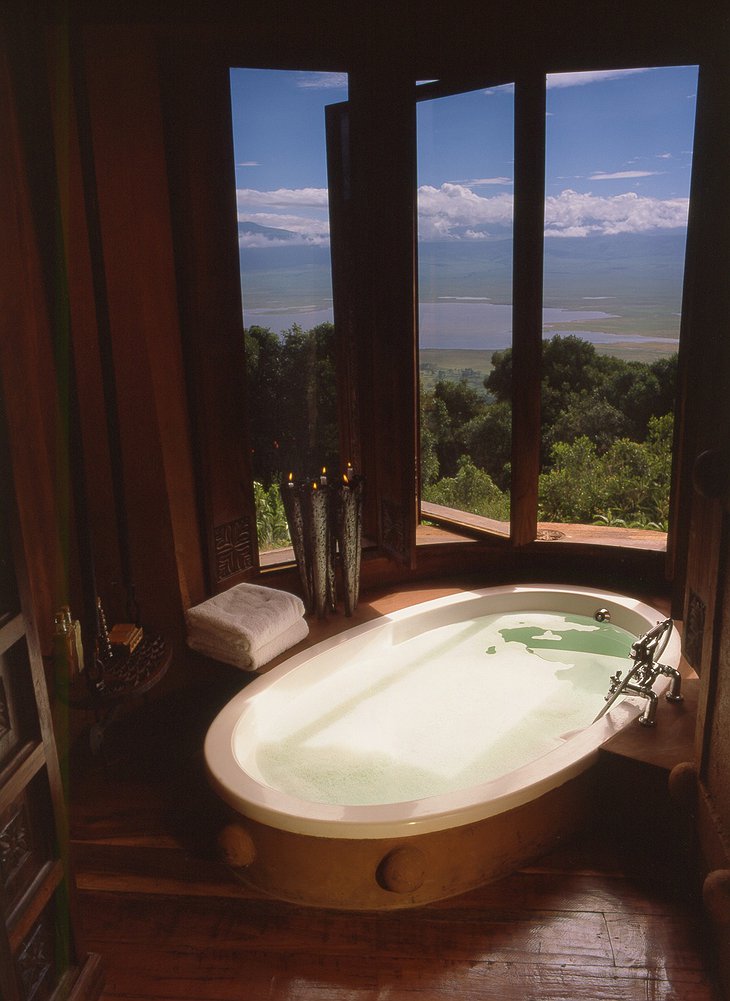 Ngorongoro Crater Lodge bathroom with Lake Magadi views