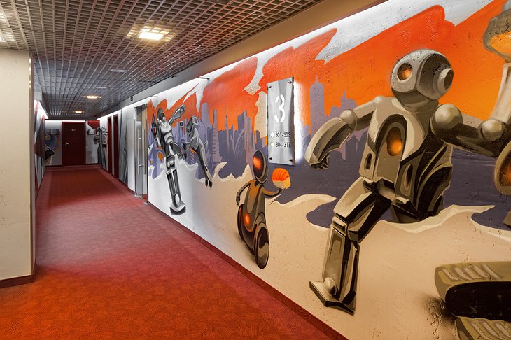 Red Stars Hotel corridor with graffiti