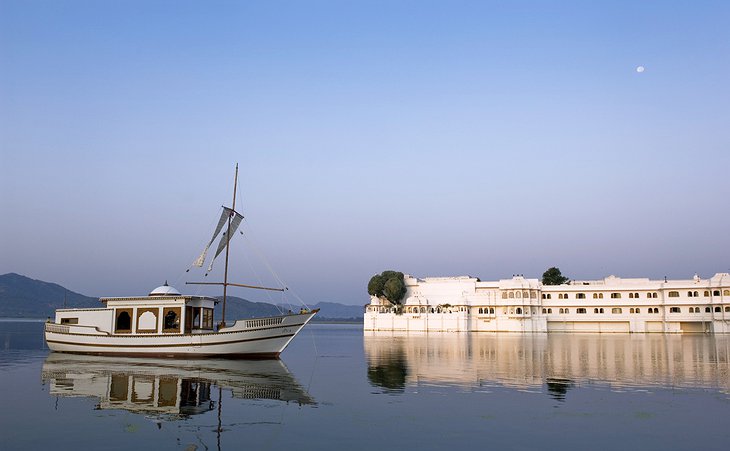 Lake Palace Hotel with a boat
