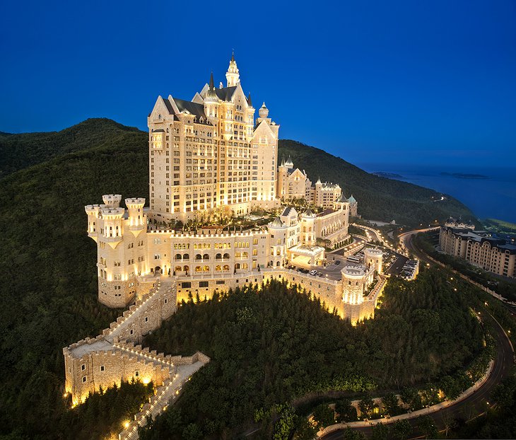 The Castle Hotel in Dalian lit up at night
