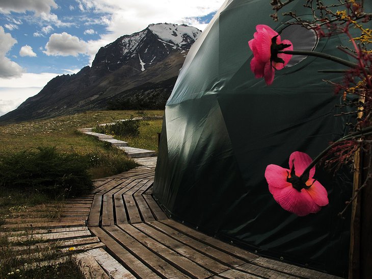 EcoCamp Patagonia dome and the Andes mountains