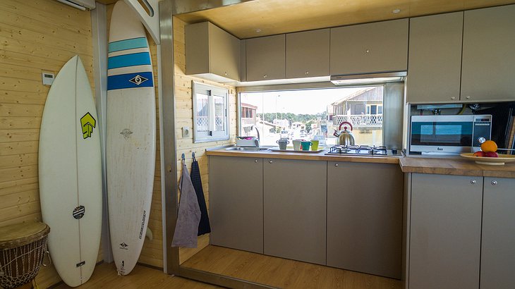 Truck Surf Hotel kitchen and surf boards