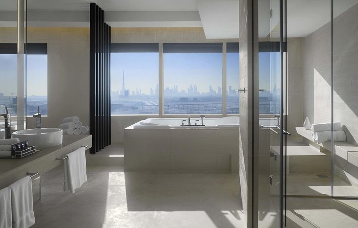 InterContinental Dubai Festival City bathroom with Burj Khalifa panorama