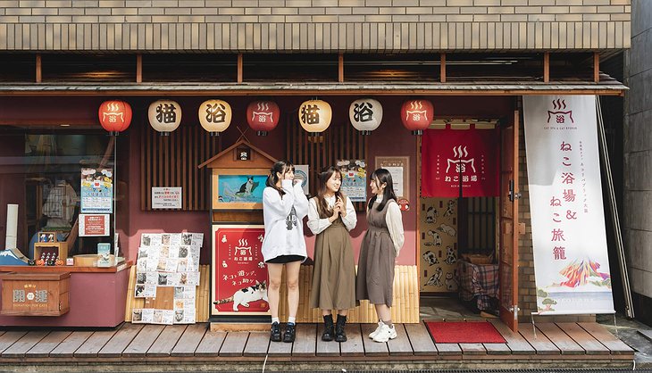 Cat Spa & Cat Ryokan by Neco Building Front With Japanese Girls