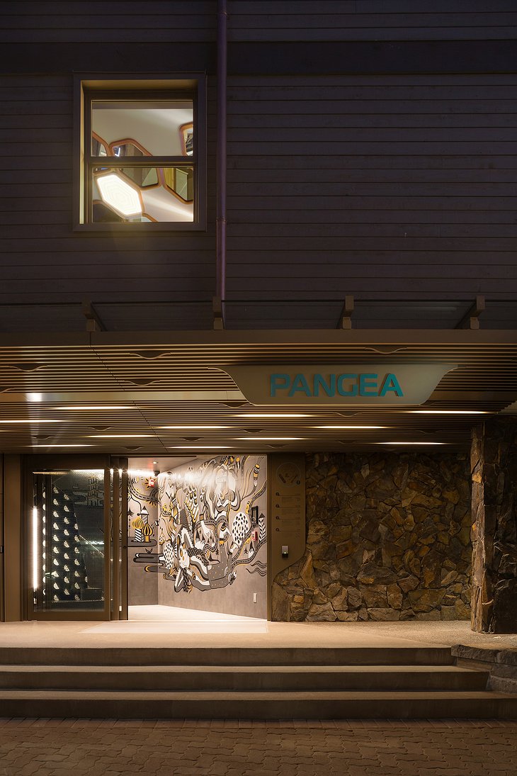 Pangea Pod Hotel Main Entrance at Night