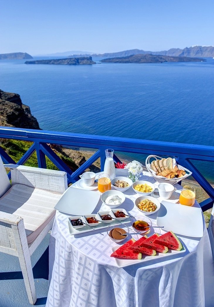Breakfast on the cliff in Santorini