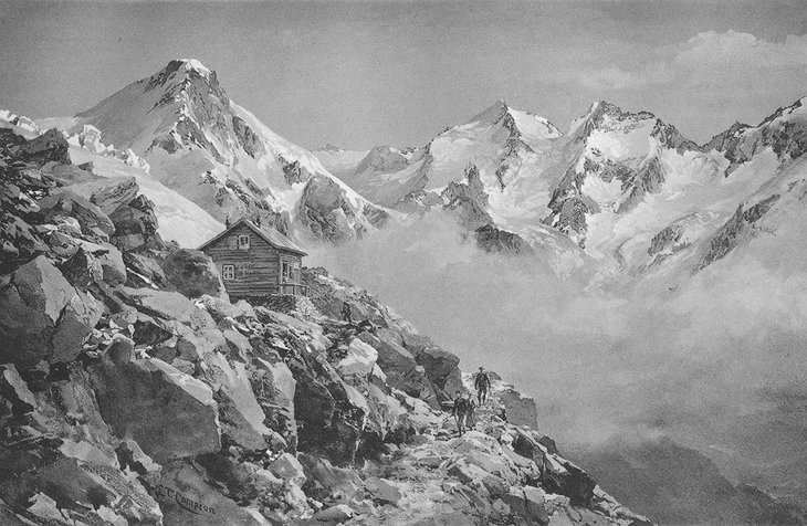 Drawing of Mischabel Hut in the beginning of the 20th century