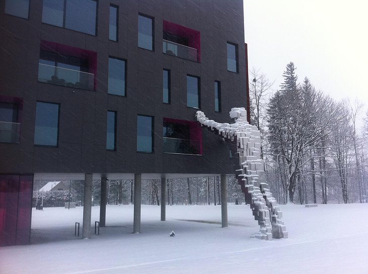 Miura Hotel in winter with contemporary art statue