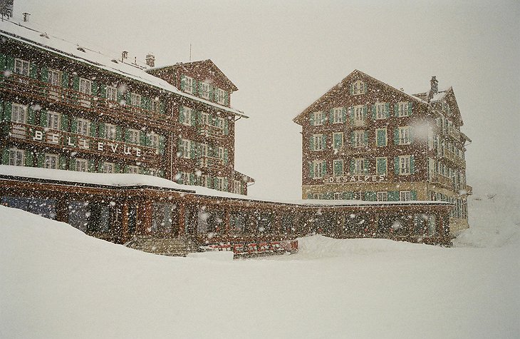 Hotel Bellevue Des Alpes Building In Huge Snow Storm During Winter