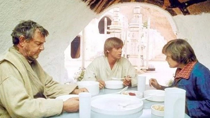 Luke Skywalker having lunch with his Aunt and Uncle