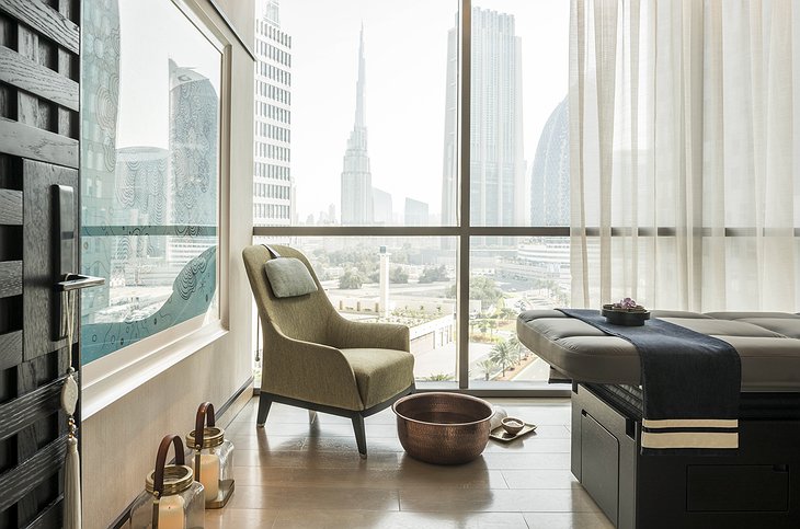 Four Seasons Dubai DIFC massage room with city panorama