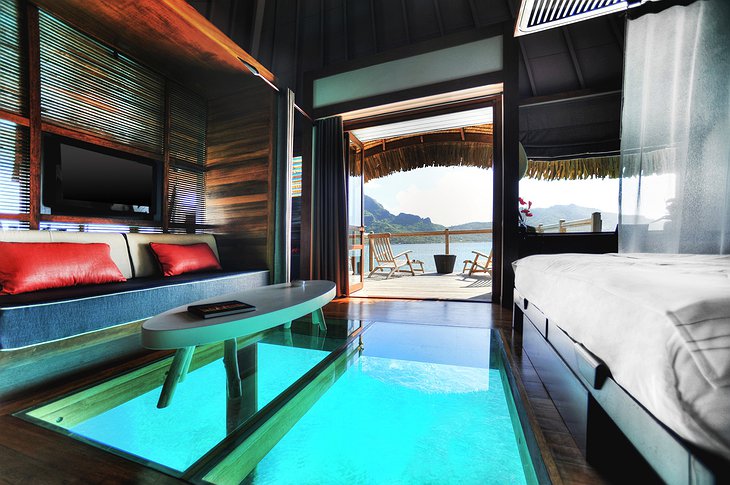 Glass floor with ocean view in the over water bungalow at Le Méridien Bora Bora