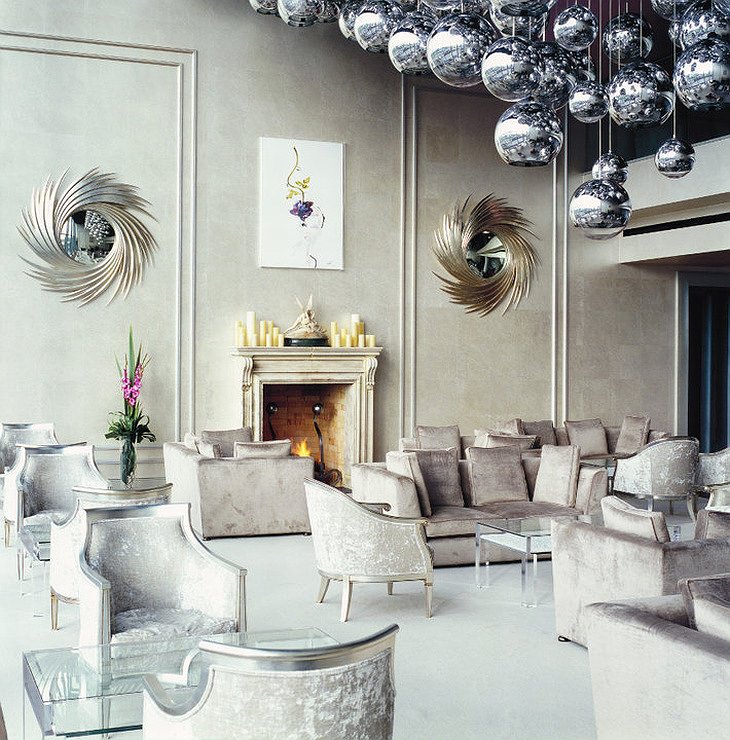 The G Hotel common design room with silver balls hanging from the ceiling
