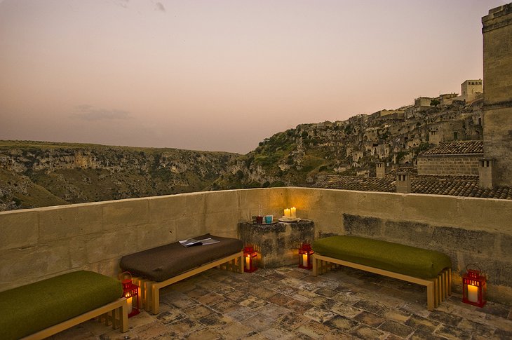 Hotel Basiliani rooftop terrace with Matera view