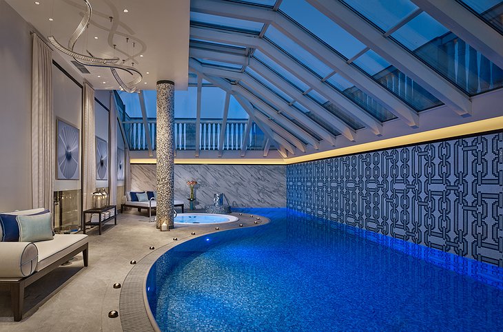 The Ritz-Carlton Hotel Budapest indoor pool and Jacuzzi in the evening