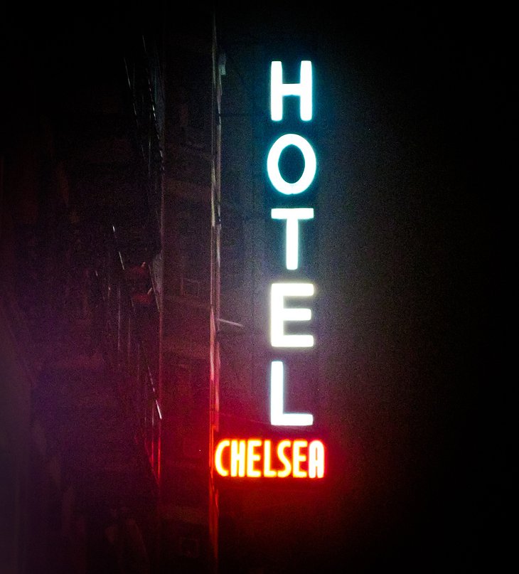 Hotel Chelsea illuminated sign at night