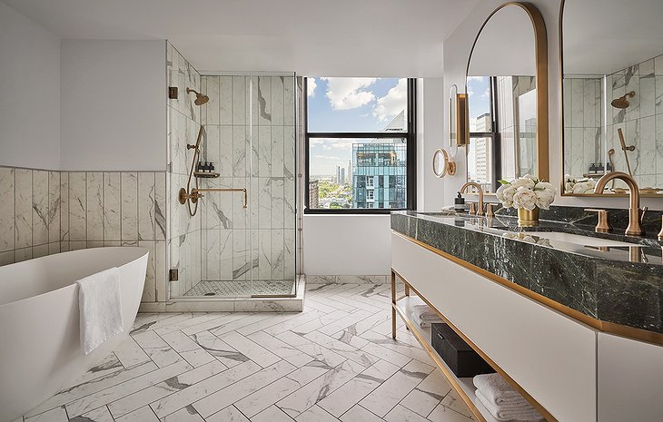 Pendry Chicago Hotel Marble Bathroom With Shower And Separate Bathtub