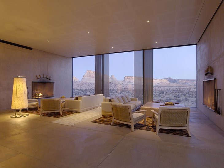Amangiri Villas common room with fireplaces