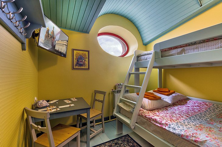 Friends by the House of Books bedroom with rounded window and bunk bed