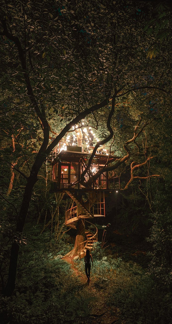 Treeful Treehouse Sustainable Resort Spiral Treehouse Magical Lights At Night