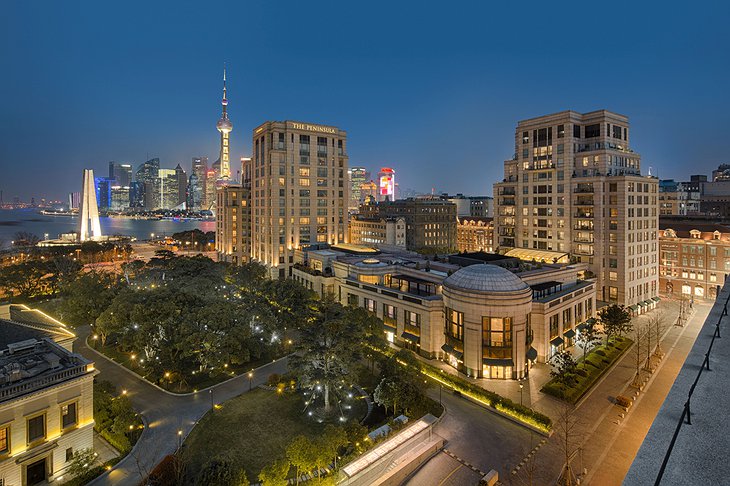 The Peninsula Shanghai hotel exterior at night