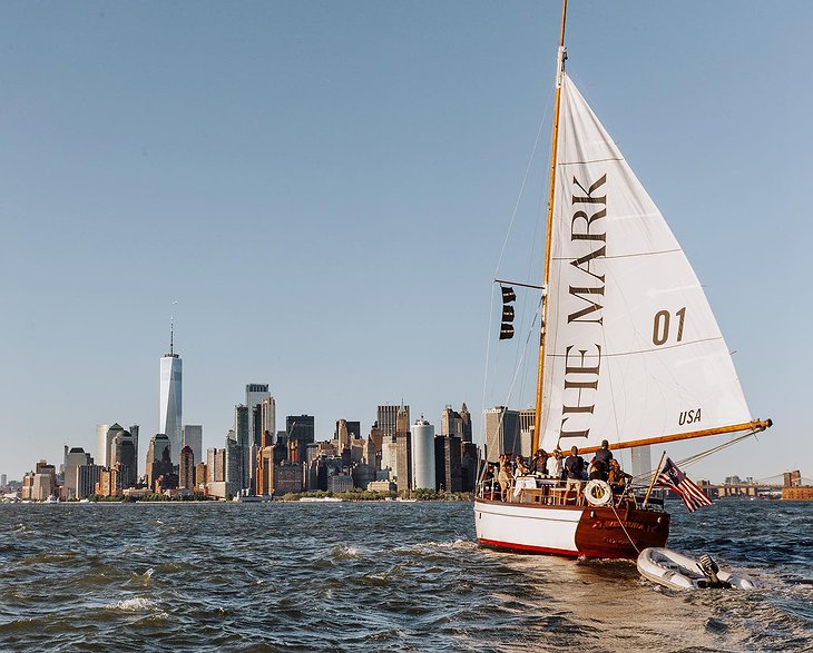 The Mark Sailboat On River Hudson With New York Panorama
