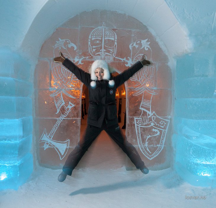Sorrisniva Igloo Hotel ice gate entrance with a girl