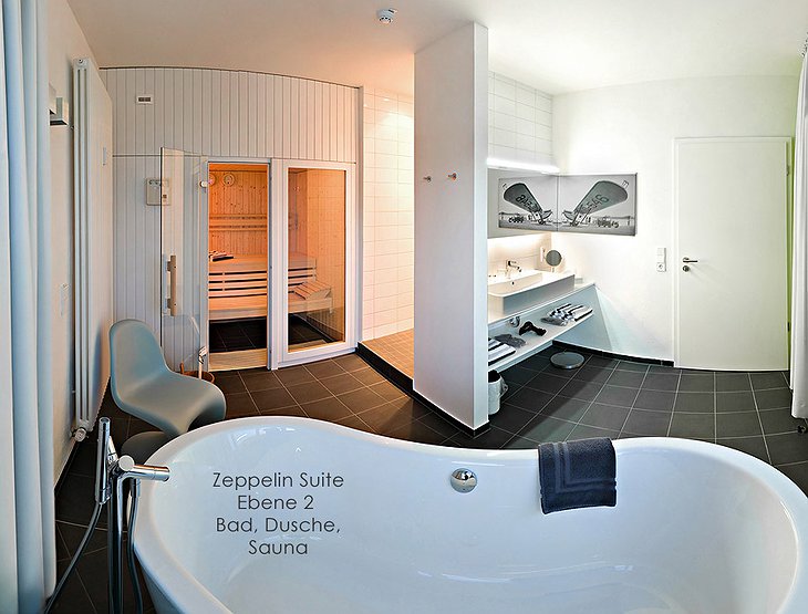Zeppelin Suite bathroom with sauna in V8 Hotel
