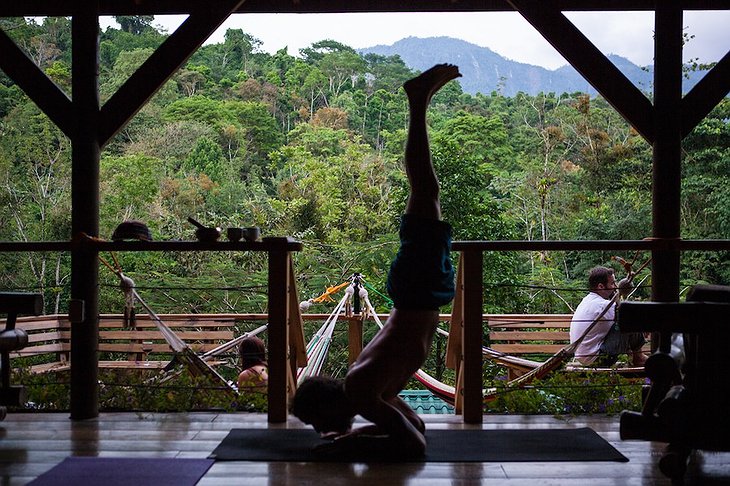 Yoga pose with jungle views in the background