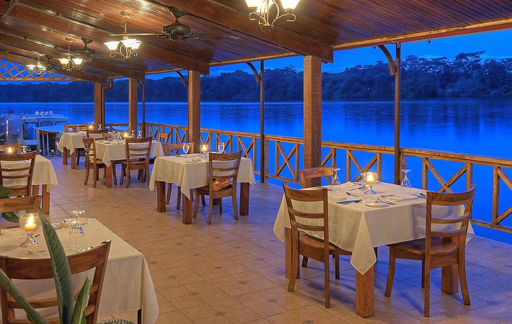 Tortuga Lodge restaurant at the river at night