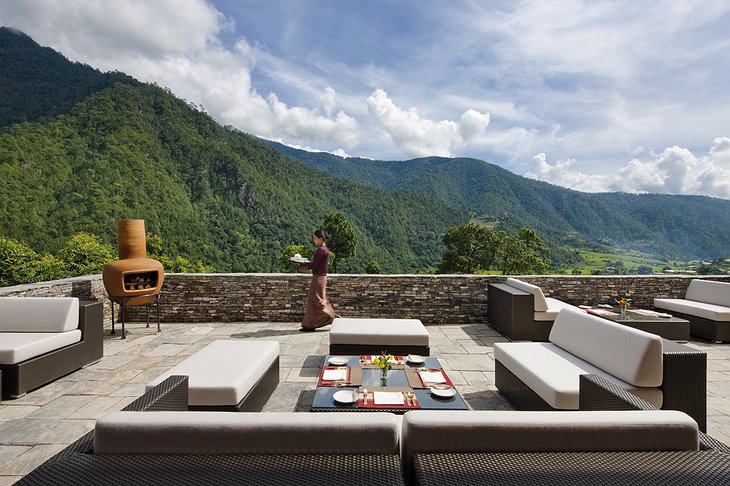 COMO Uma Punakha terrace with panoramic mountain views